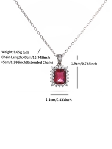 Detailed view of square red gemstone pendant with chain length and weight specifications