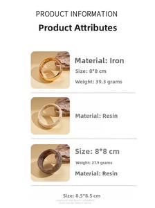 Tabella dettagliata con misure e materiali per bracciali geometrici in resina e metallo