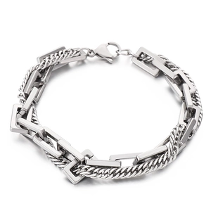 Minimalist double layer silver stainless steel Cuban and geometric link chain bracelet