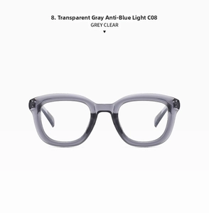 Detail view of transparent grey round frames with anti-blue light clear lenses