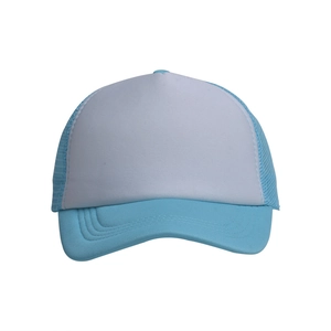 Close-up of blue and white breathable mesh trucker hat with padded foam front panel