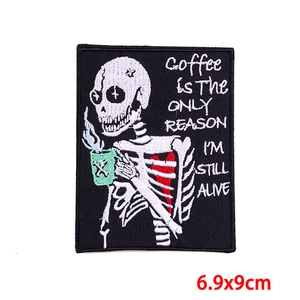 Punk skeleton embroidery patch with coffee cup and heart detail, size 6.9x9cm