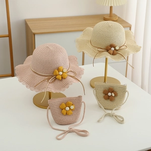 Kinder Mädchen Papier Strohhut Und Umhängetasche Mit Blumendekor Und Wellenrand Süßer Sonnenschutz Outdoor