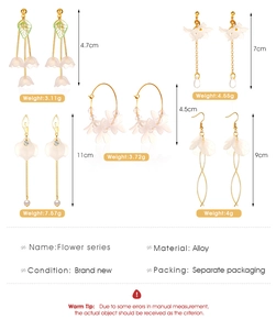 Size and weight specifications for various ice flower tassel and floral dangle earrings