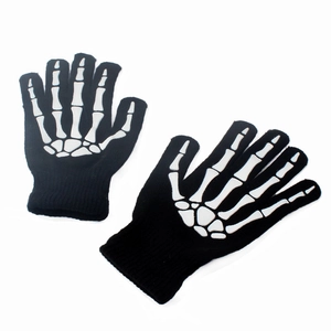 Knitted skeleton hand gloves with white bone print for Halloween cosplay and gothic style