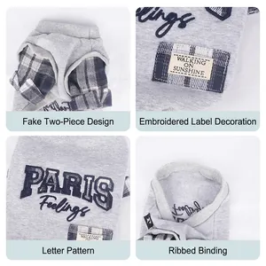 Pet hoodie with two-piece splice design, plaid cuffs and Paris embroidery detail