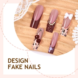 Square press-on nails with leopard print, 3D cherry accents and white bows