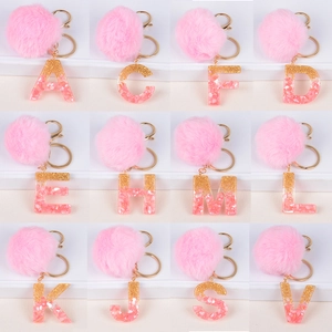 Pink Alphabet Letter Resin Keychain With Faux Fur Pompom Gold Foil Glitter Sparkly Keyring Bag Charm