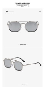 Detailed front and side view of steampunk octagonal metal sunglasses with silver mercury lenses