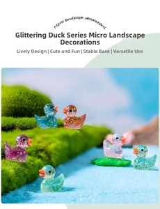 Macro shot of colorful translucent resin ducks with fine glitter in a mossy micro landscape