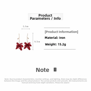 Detail view of large red floral earrings with golden leaf accents and exact dimensions