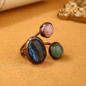 Vintage adjustable ring featuring natural labradorite, rose quartz, and green aventurine