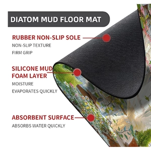 Close-up of three-layer diatom mud floor mat showing floral pattern and rubber base