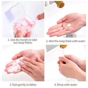 Portable flower soap petals in a clear box showing easy hand washing steps for travel