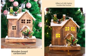 Comparison of carbonized wooden Christmas cabin with LED warm lights on and off
