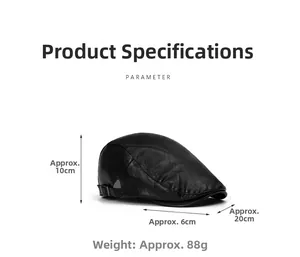 Detailed size parameters of the black PU leather flat cap with dimensions and weight info