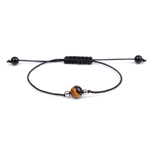 Detail of adjustable black woven rope bracelet featuring natural tiger eye stone and metal beads