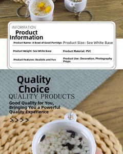 Macro shot of realistic PVC porridge food model keychain showing detailed grains