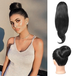 Detail view of the black synthetic ponytail hairpiece showing before and after styling effect