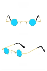 Front and side views of small round punk sunglasses with gold metal frames and blue lenses
