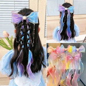 Rainbow gradient tulle hair bow with pearls and long streamers for girls hairstyles