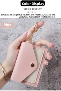 Detailed shot of pink PU leather envelope card holder with golden snap and keyring