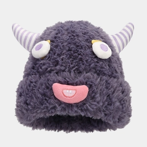 Funny purple plush monster beanie with cartoon horns and big eyes for winter party vibes