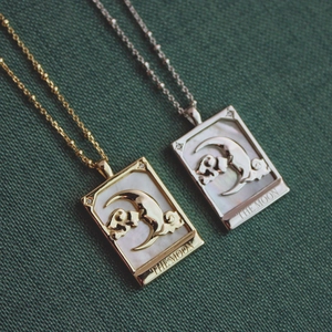 Tarot Card Pendant Necklace Copper White Mother Of Artificial Pearl Shell Star Moon Zircon Retro Charm Neck Jewelry For Women