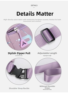 Detail view of purple nylon waist bag featuring metal zippers and adjustable buckles