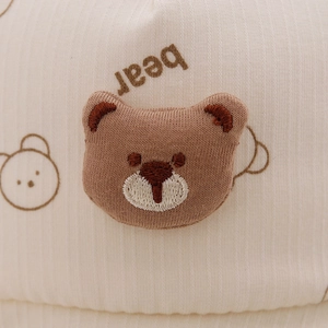 Cute bear print baby baseball cap in beige ribbed knit fabric with short brim