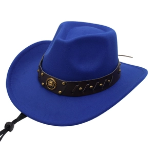Western Cowboy Hat Retro Felt Fedora Wide Brim With Leather Rivet Band And Adjustable Windproof Rope For Men Women