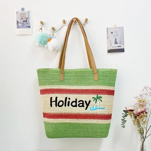 Striped Straw Woven Tote Bag Large Beach Shoulder Handbag With Holiday Palm Tree Embroidery And PU Leather Straps Zipper