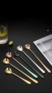 Macro detail of SUS304 stainless steel heart shaped spoons in six vibrant colors