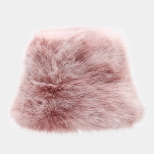 Pink faux fur winter bucket hat with fluffy long hair texture and wide brim for women