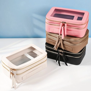 Waterproof PU leather double-layer makeup bag in pink, khaki, black and beige colors