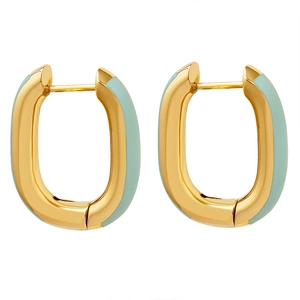 U-shaped gold metal earrings with mint green enamel coating in a geometric design