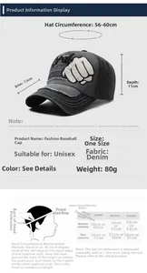 Tableau des tailles détaillé pour casquette en denim délavé avec mesures de la visière