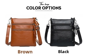 Front view of women's soft leather phone bags in brown and black with tassel zippers