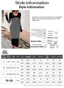 Detailed size guide and material specification table for this elegant striped dress