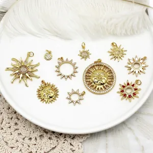 18K Gold Plated Brass Sun Charms Sunburst Pendants With Cubic Zirconia Enamel For DIY Jewelry Making Necklaces Earrings