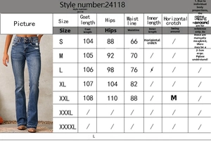 Detailed size chart for retro distressed jeans showing measurements in centimeters