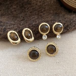 Vintage French Retro Stud Earrings Alloy With Dark Brown Resin Stone And 925 Sterling Silver Earring Post Maillard Style