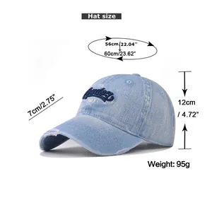Detailed size chart for blue distressed denim baseball cap with embroidery details