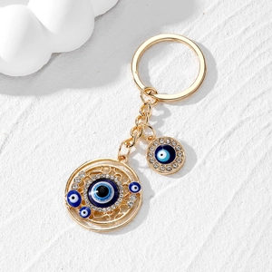 Retro Evil Eye keychain with geometric hollow heart and sparkling crystal rhinestones