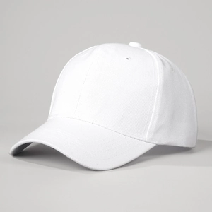 Detailed side view of a white cotton baseball cap showing twill texture and six-panel design