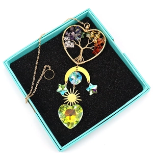 Golden Tree of Life heart suncatcher with colorful stones and yellow crystal pendant