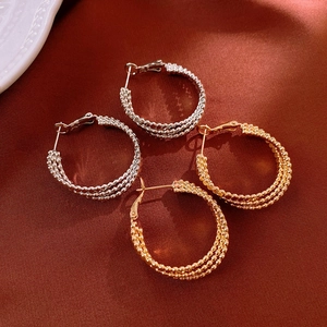 Triple Layer Beaded Hoop Earrings With 925 Sterling Silver Earring Post Copper Geometric Metal Texture For Women