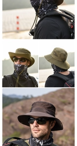 Detail of outdoor wide brim fishing hat with breathable mesh and neck gaiter face mask