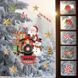 Detailed Christmas window decals showing Santa on a train with reindeer on glass