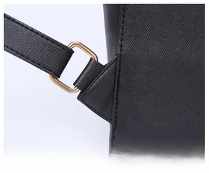 Close-up of golden hardware and precise stitching on black Saffiano leather backpack